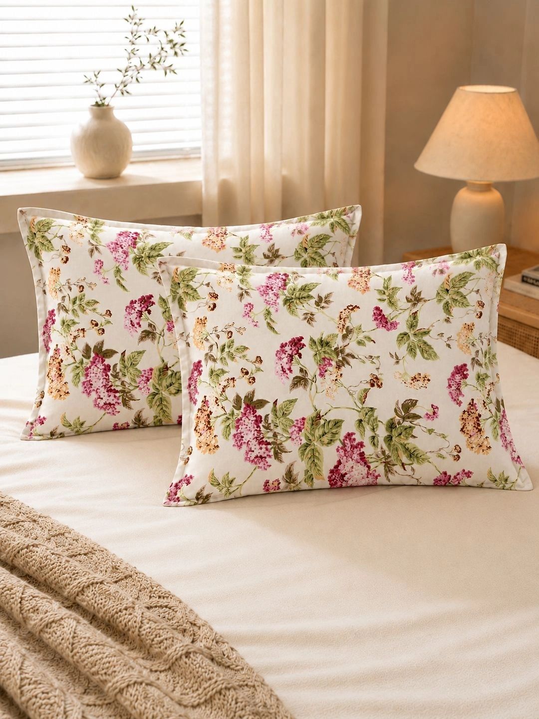 Clasiko White 2 Pieces Floral Pure Cotton Blend Rectangle Pillow Covers-picture-10