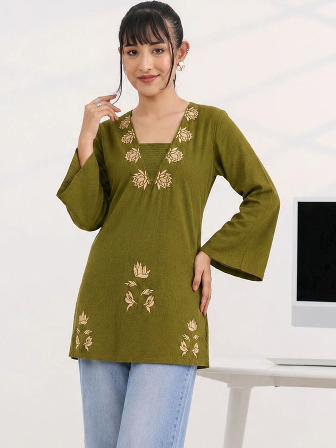 Anouk Embroidered Square Neck Flared Sleeves Kurti-picture-10