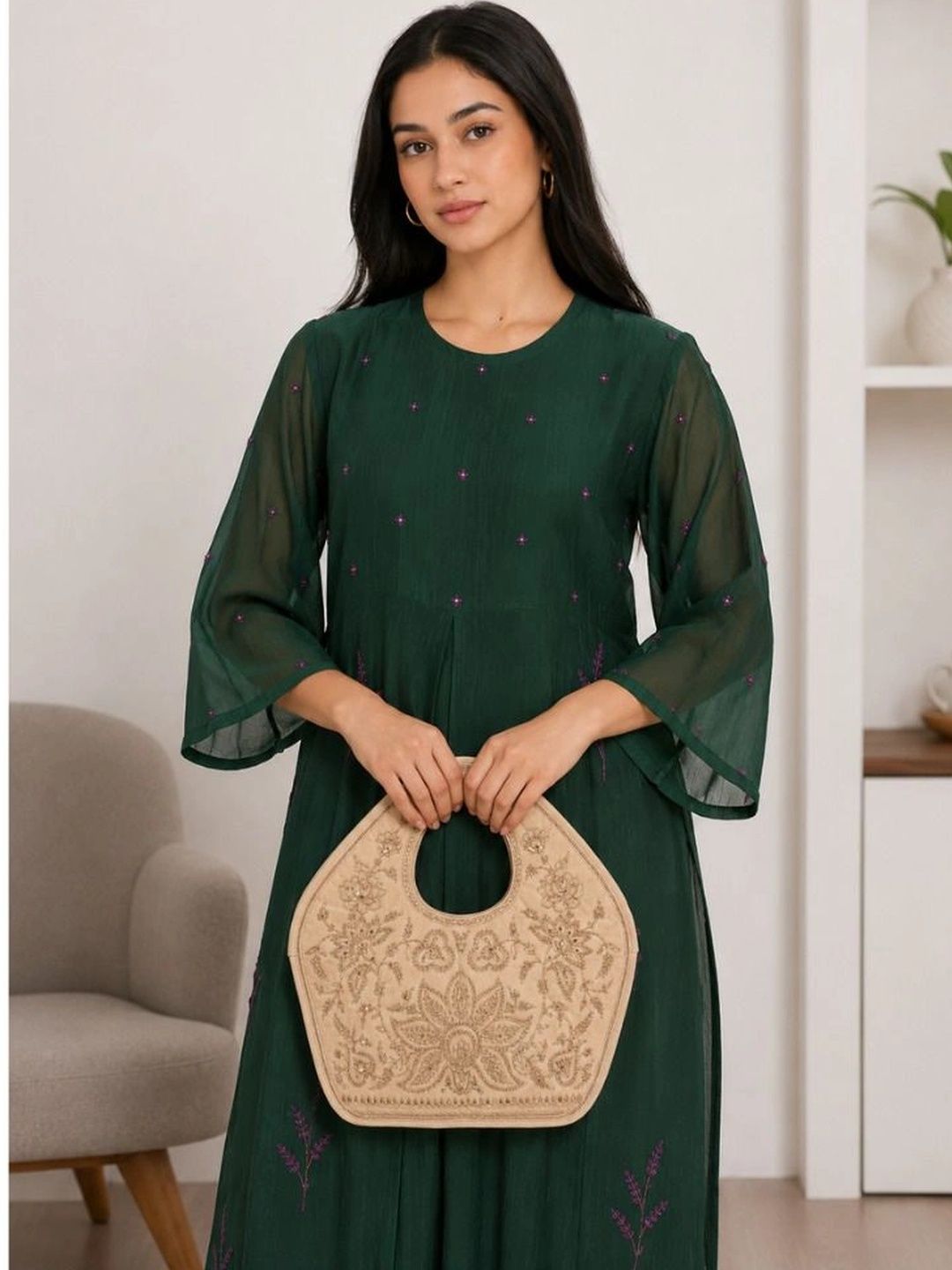 FUSIONARI Embellished Suede Structured Handheld Bag-image-15