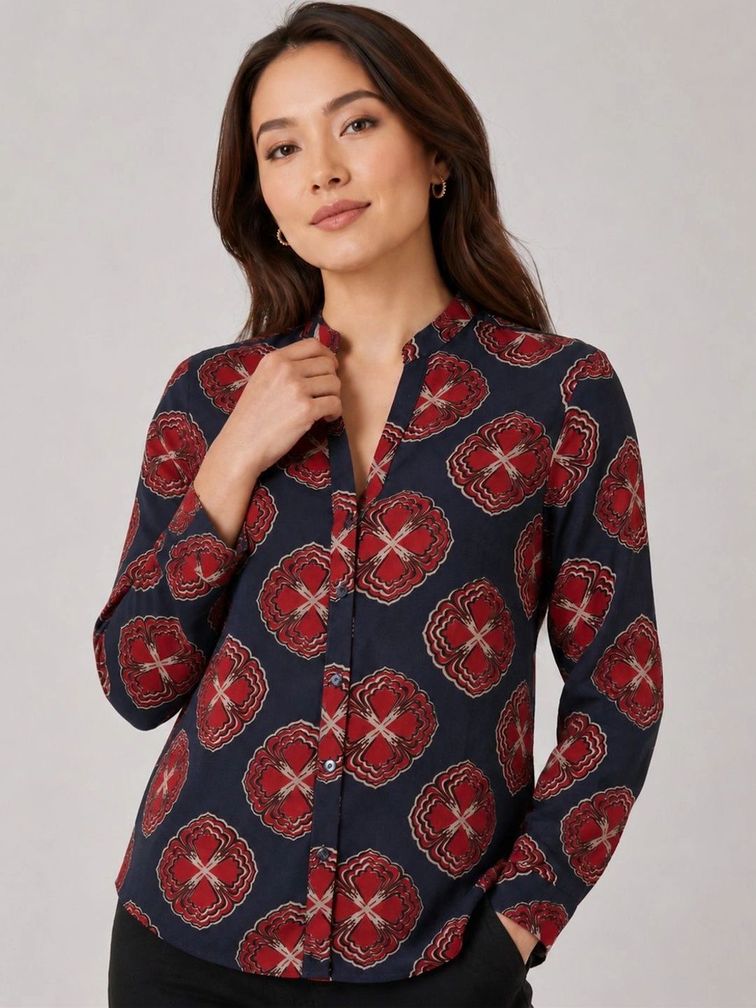 HERE&NOW Print Mandarin Collar Cotton Top-picture-19