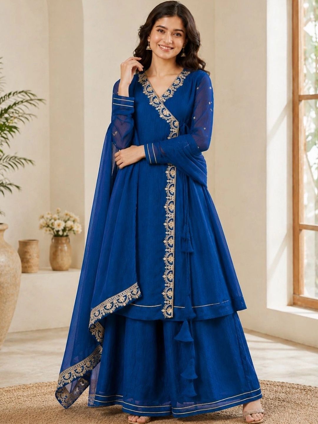 CurlyTales Girls Ethnic Motifs Embroidered Angrakha Pure Silk Kurta with Palazzos & With Dupatta-picture-45