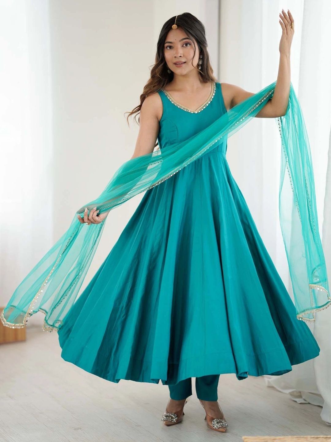 KALINI Women Empire Gotta Patti Chanderi Silk Kurta with Trousers & With Dupatta-picture-28
