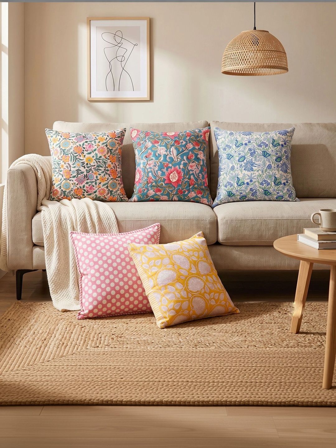 HANDICRAFT PALACE Blue & Red Set of 5 Floral Square Cushion Covers-picture-14