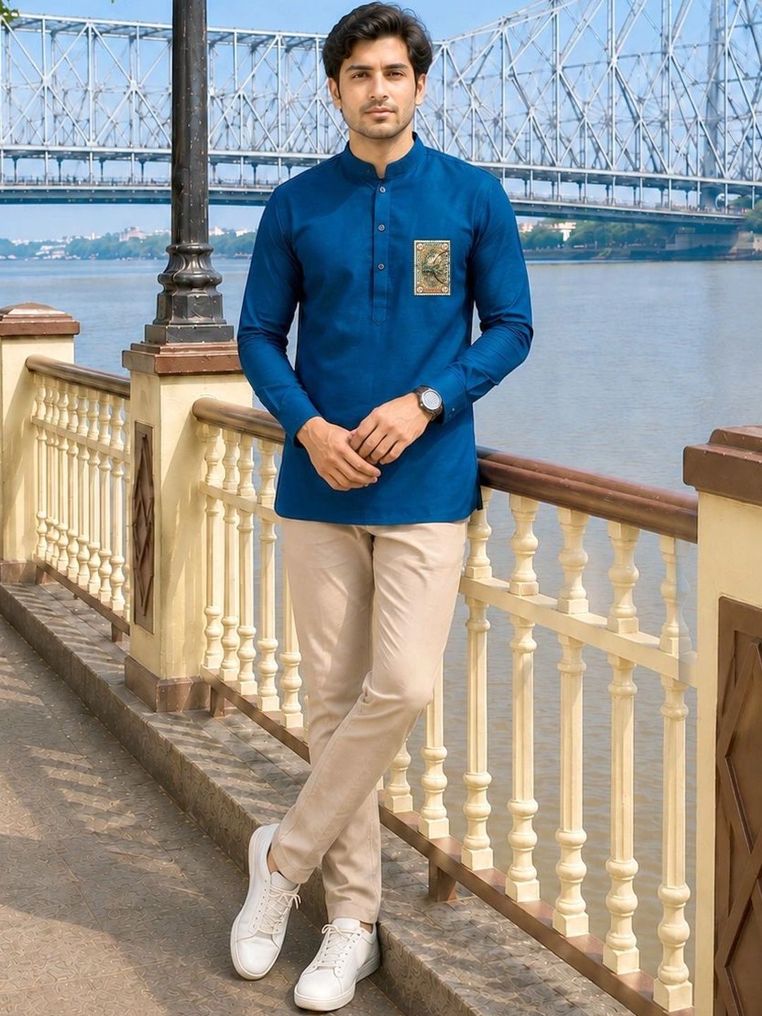 SOURAGYA Men Blue Solid Cotton Vintage Bengal Tiger Stamp Graphic Short Traditional Kurta-picture-58