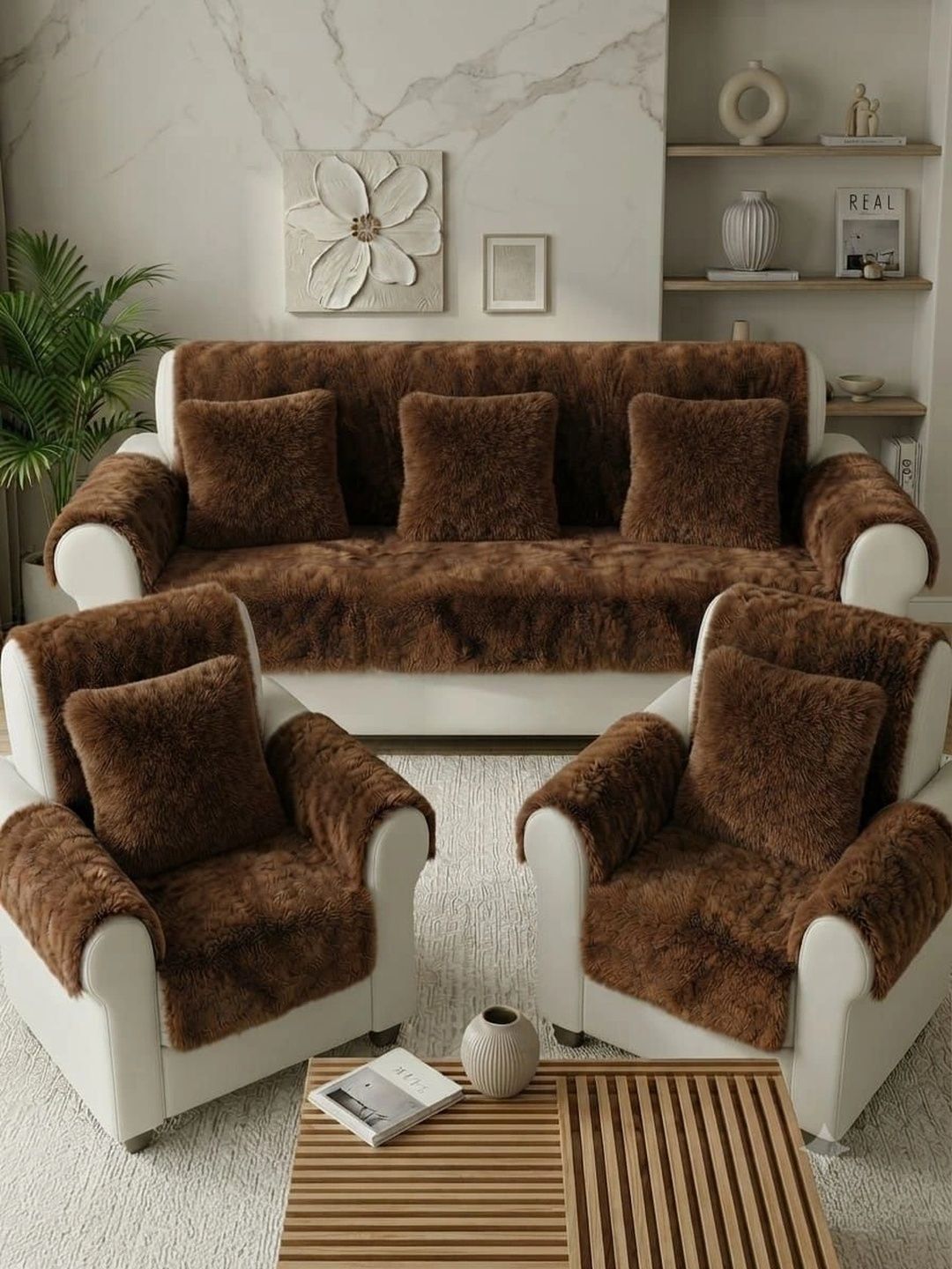 KANUM Brown Solid Viscose Rayon Blend Sofa Cover With Arms-picture-35
