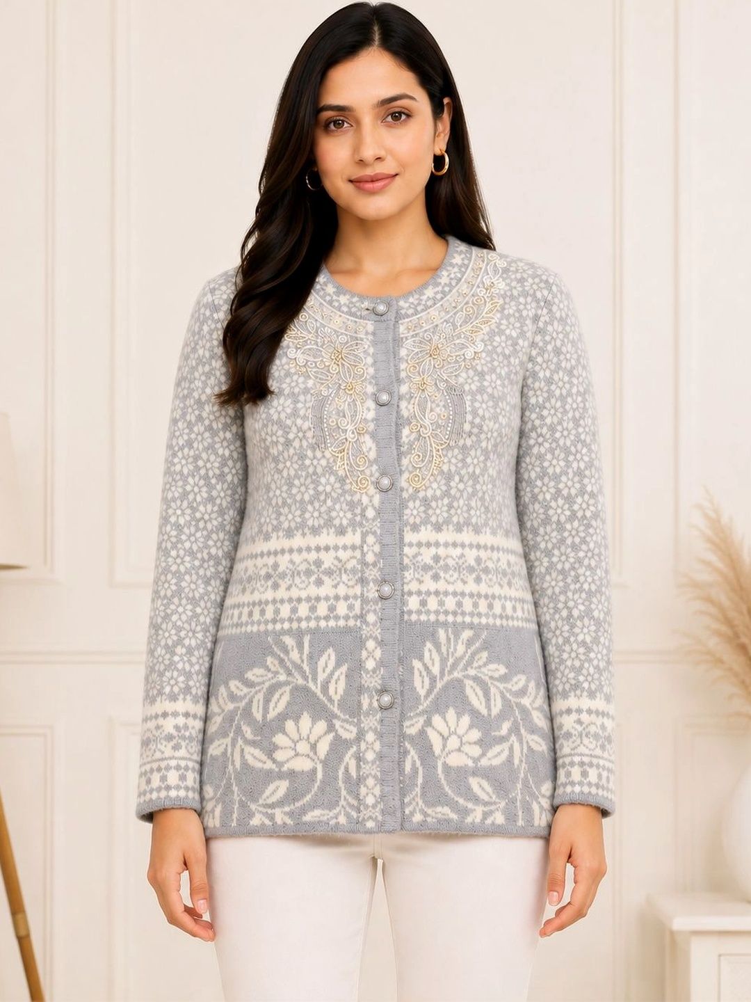 HIMYUG Women Floral Printed Woollen Cardigan with Embroidered Detail-picture-34