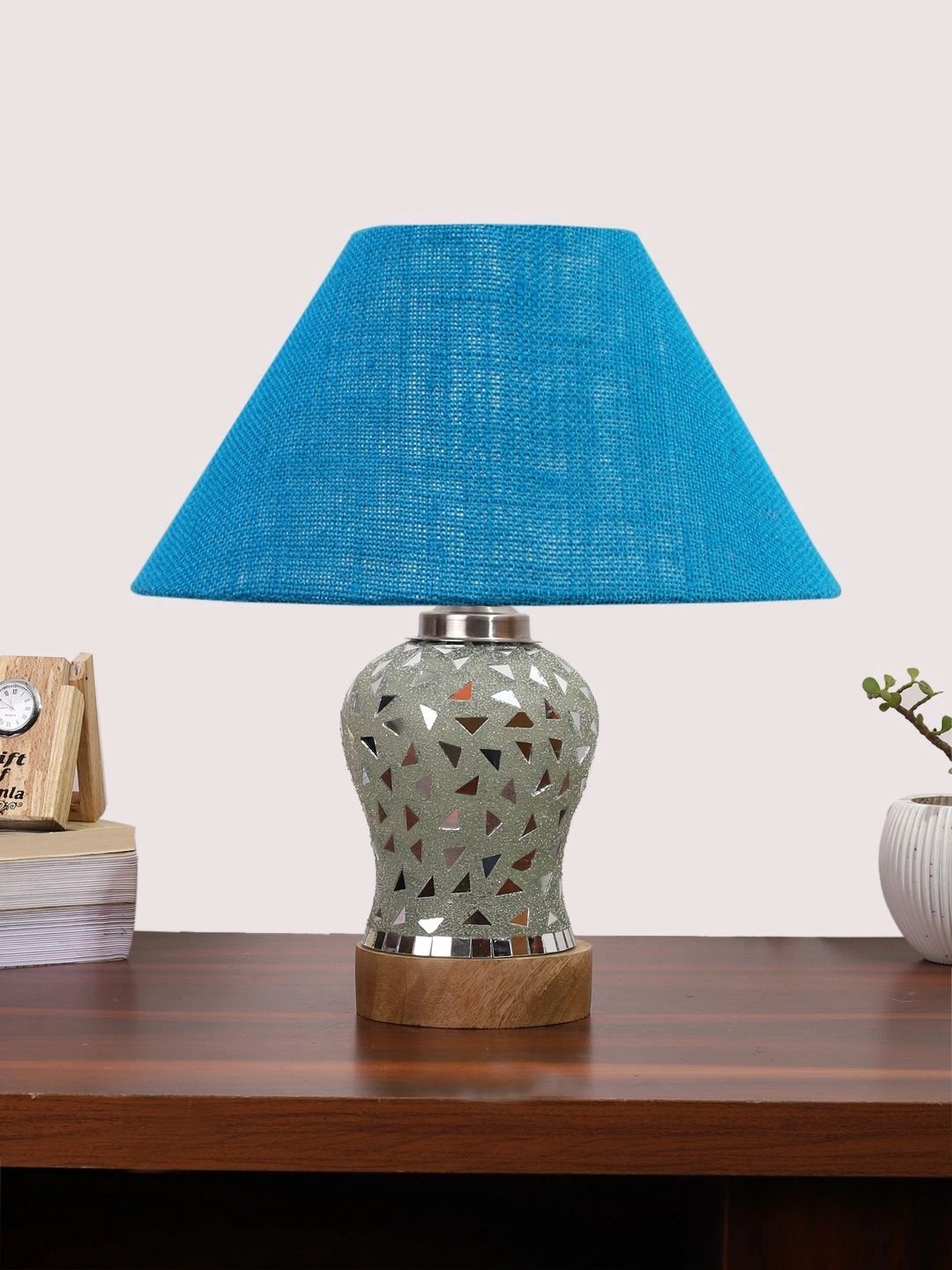 Myntra Elegant Homes Turquoise Blue Textured Glass Traditional Frusturical Shaped Table Lamp-picture-14