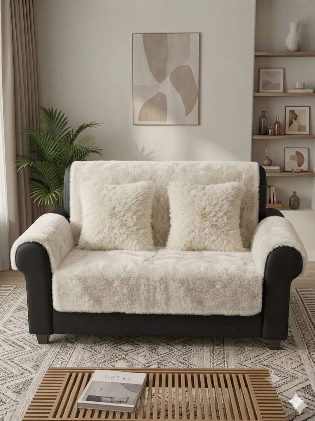 KANUM Cream-Coloured Solid Viscose Rayon Blend Sofa Cover With Arms-picture-49