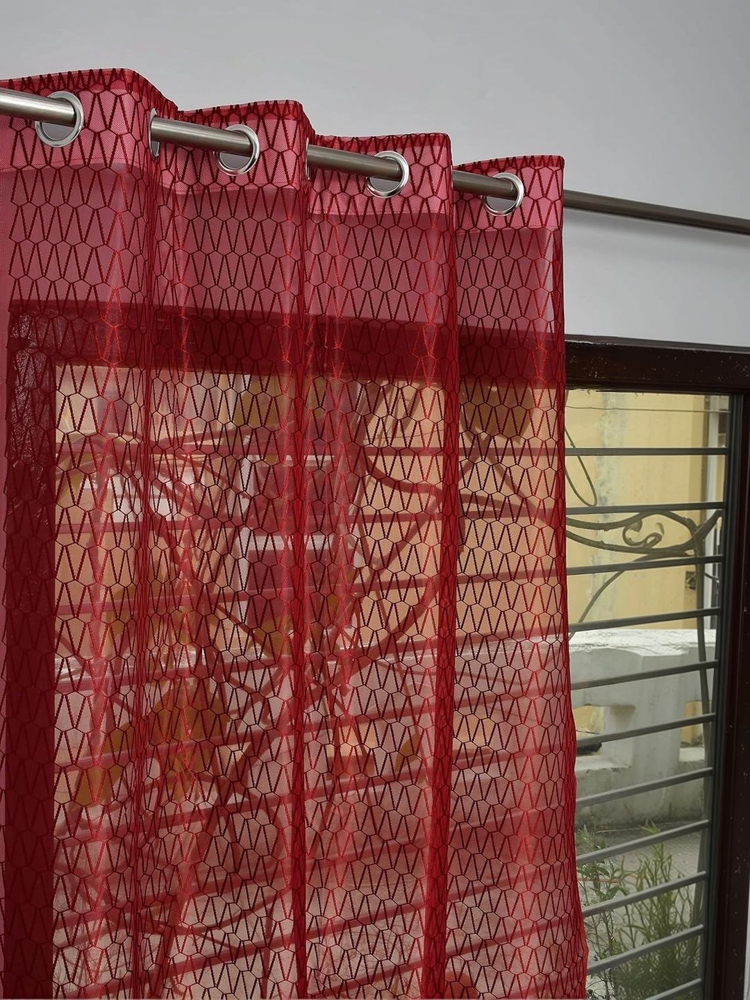 KFHDecor Maroon Set of 2 Geometric Sheer Door Curtain-image-46