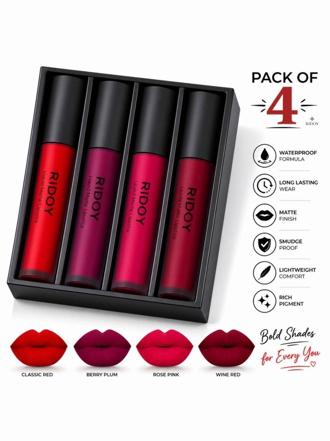 ridoy Set Of 4 Waterproof Liquid Matte Lipstick-3 ml Each - Classic Red-Berry Plum-picture-43