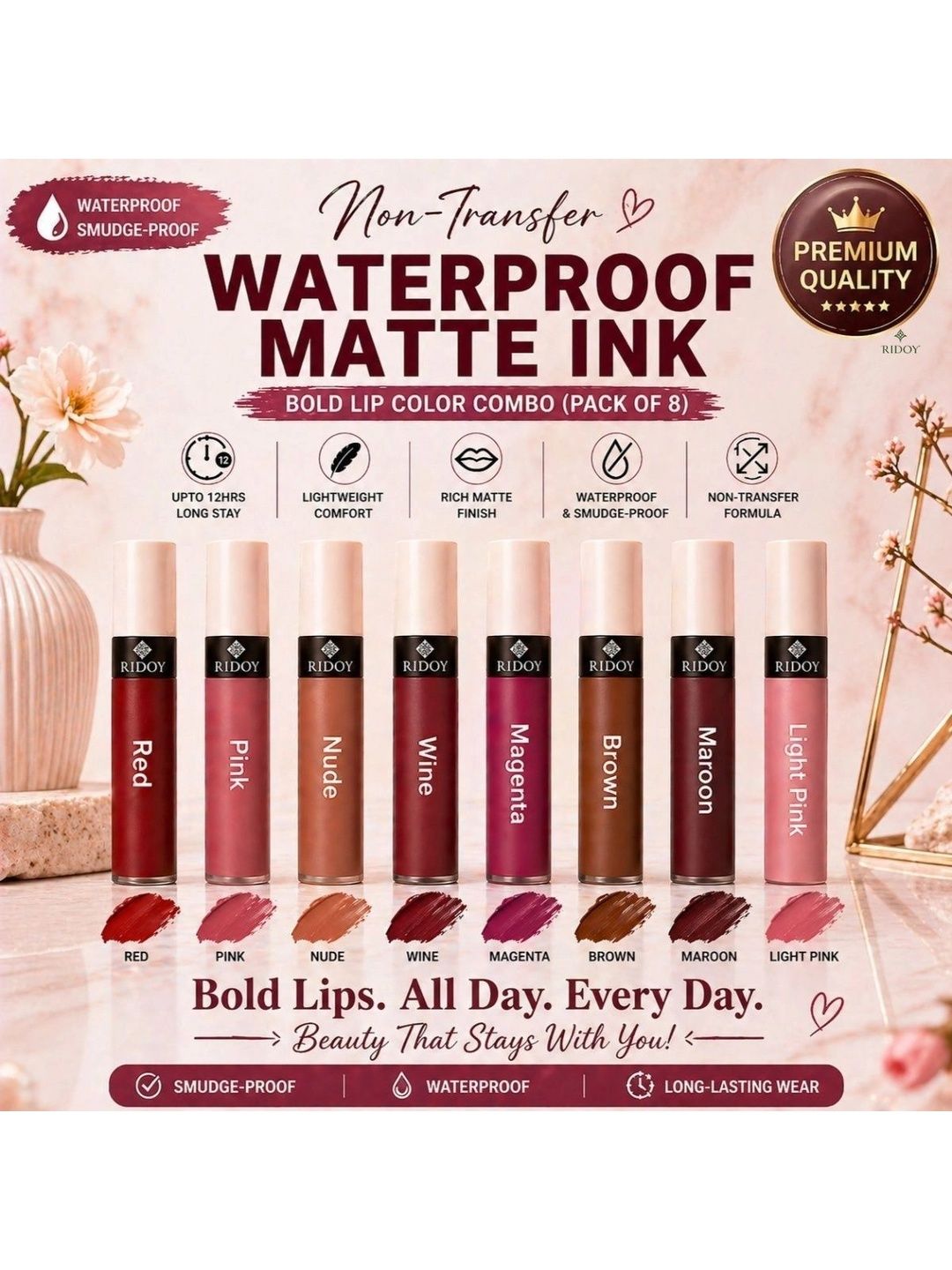 ridoy Set Of 8 Waterproof Liquid Matte Lipstick-3 ml Each - Light Pink-Maroon-Brown-Magent-picture-36
