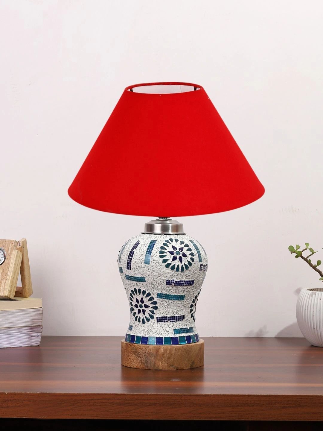 Myntra Elegant Homes Red Textured Glass Traditional Frusturical Shaped Table Lamp-picture-19