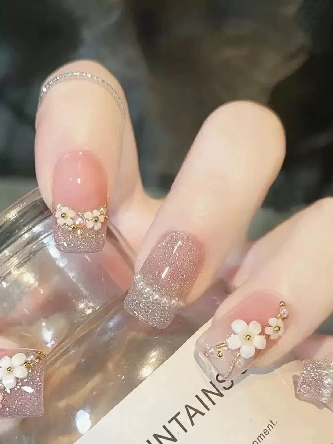 Vembley Set of 24 Blush Bloom Glitter Floral Press-On Nails with Bow - Nude-picture-18