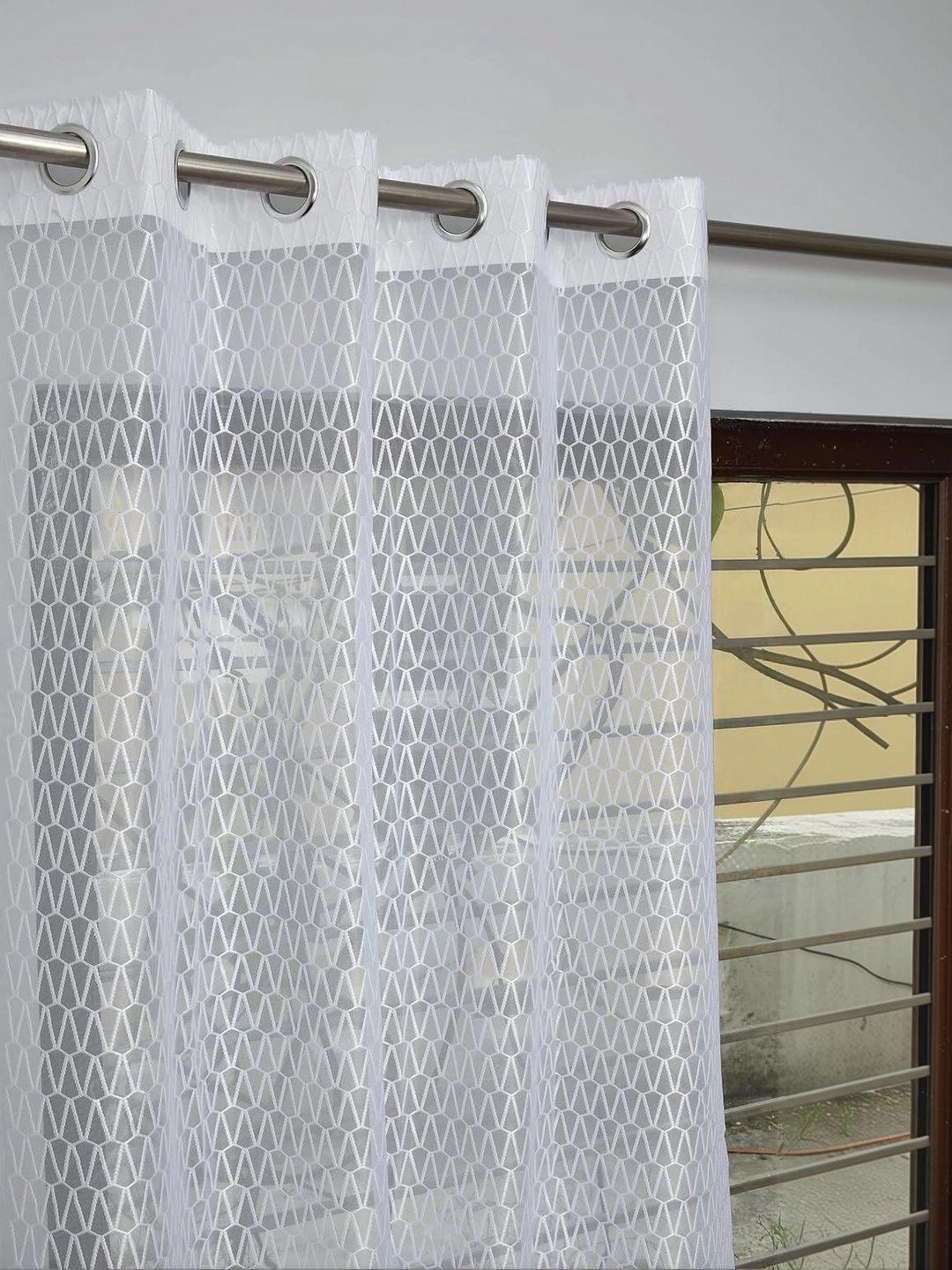 KFHDecor White Set of 2 Geometric Sheer Window Curtain-image-35