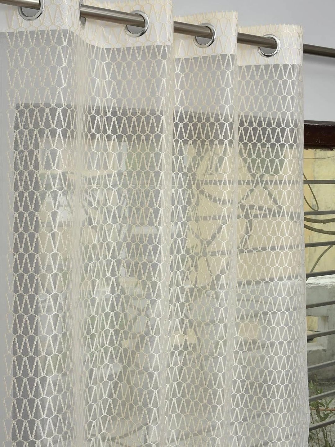 KFHDecor Cream-Coloured Set of 2 Geometric Sheer Door Curtain-image-26