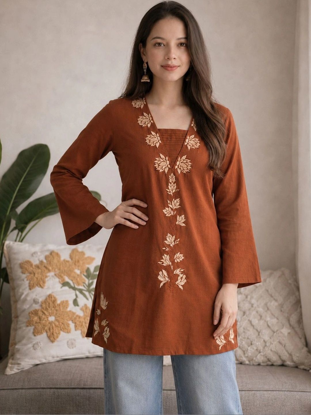 KALINI Floral Embroidered Square Neck Flared Sleeves Kurti-picture-10