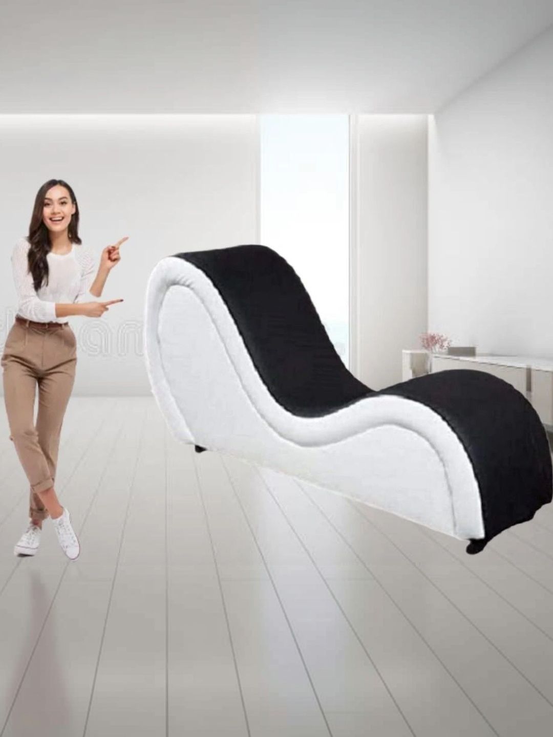 INDIAWOODMART Black & White Wooden S-Shape Curve Lounge Chair-image-10