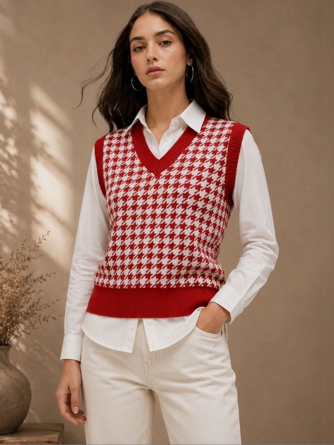 FEVERFEW Women Checked Printed Woollen Sweater Vest-picture-15