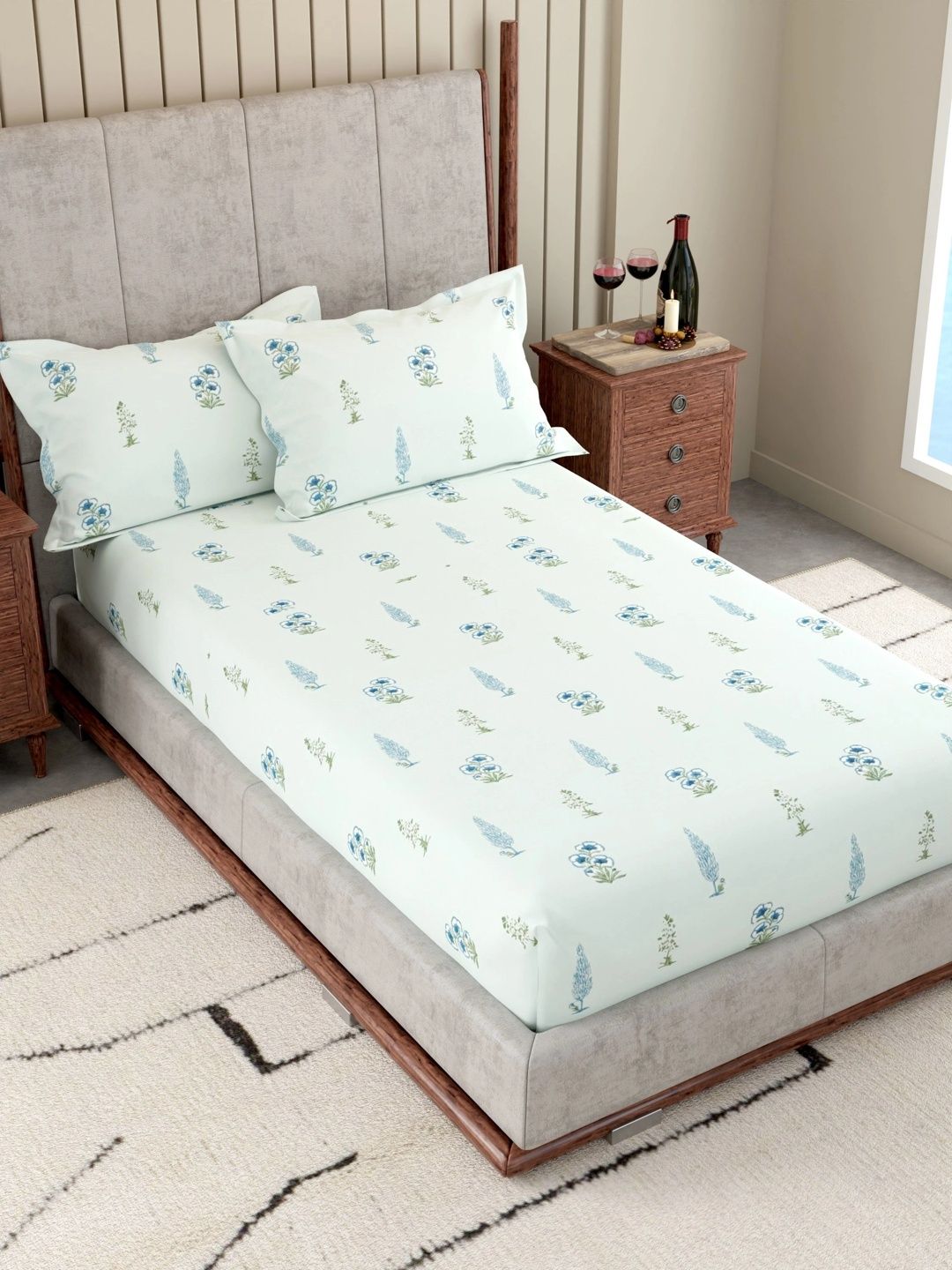 Pure Decor Green & Blue Floral 180 TC Single Bedsheet with 2 Pillow Covers-image-37