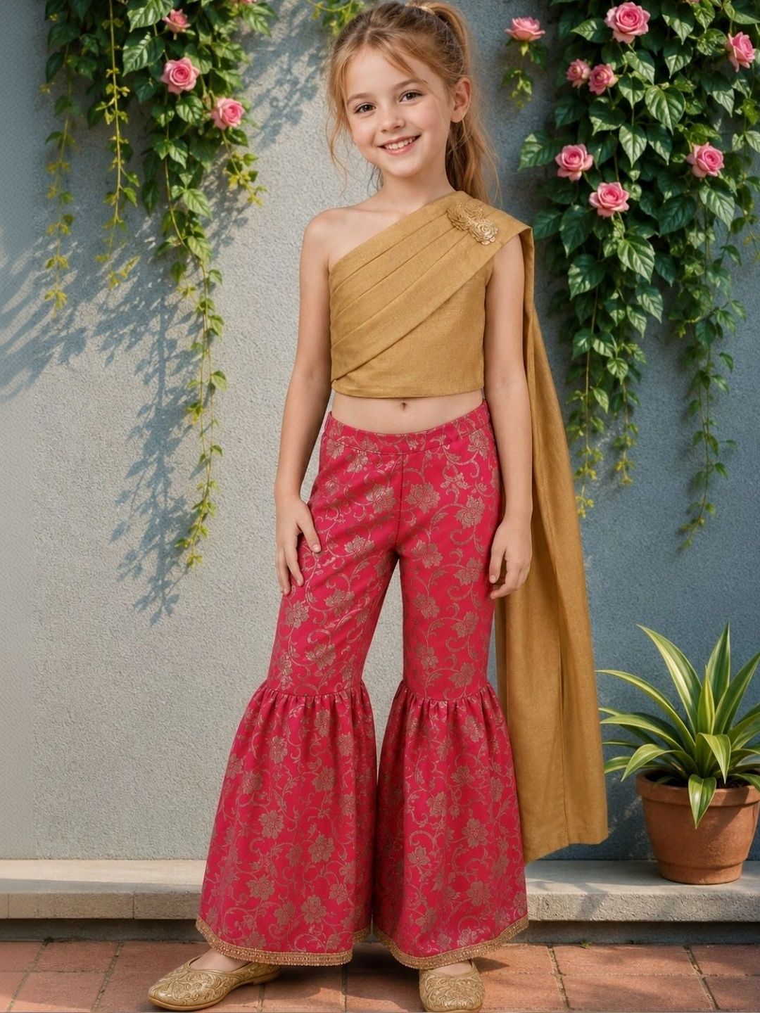 YK Girls Golden and Red Ready-to-Wear Indo-Western Sharara Set-picture-15