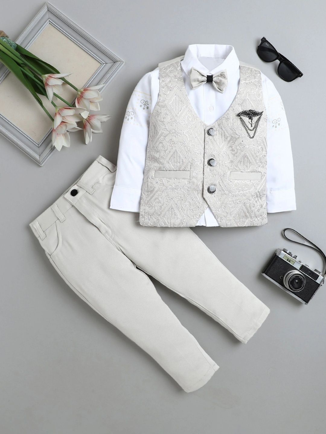 Miss & Chief Self Design Collarless 3 Piece Waistcoat & Trousers Suits-picture-29