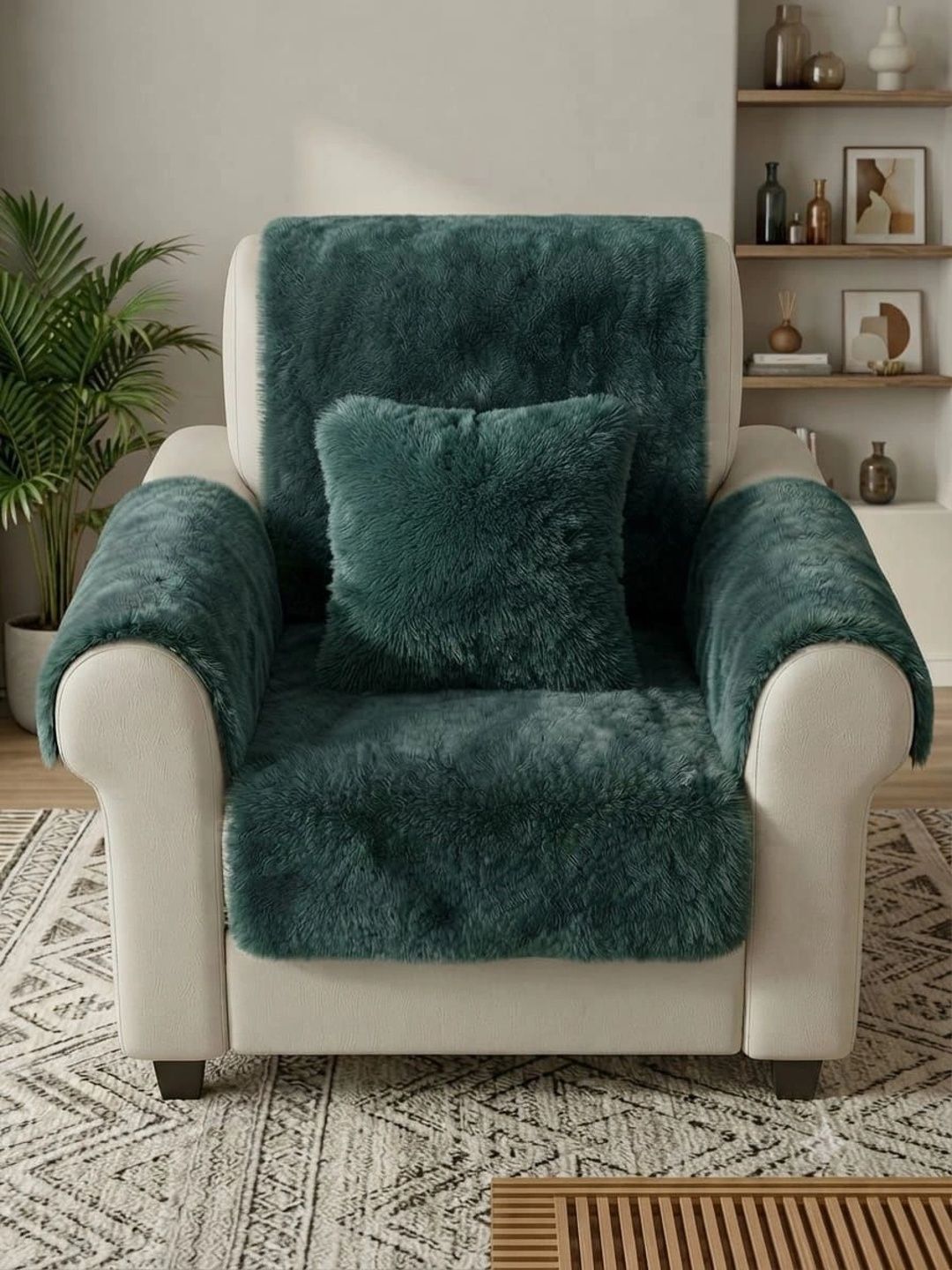 KANUM Sea Green Solid Viscose Rayon Blend 4 Piece Sofa Cover With Arms-picture-21