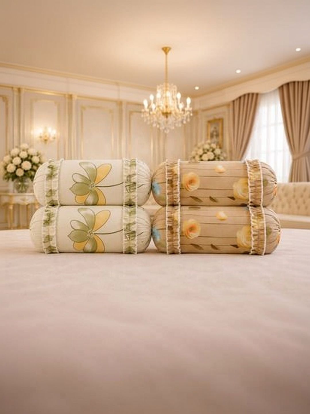 Luxmi Cotton Fabrics Set Of 4 White & Beige Printed Cotton Superfine Bolster Covers-picture-24