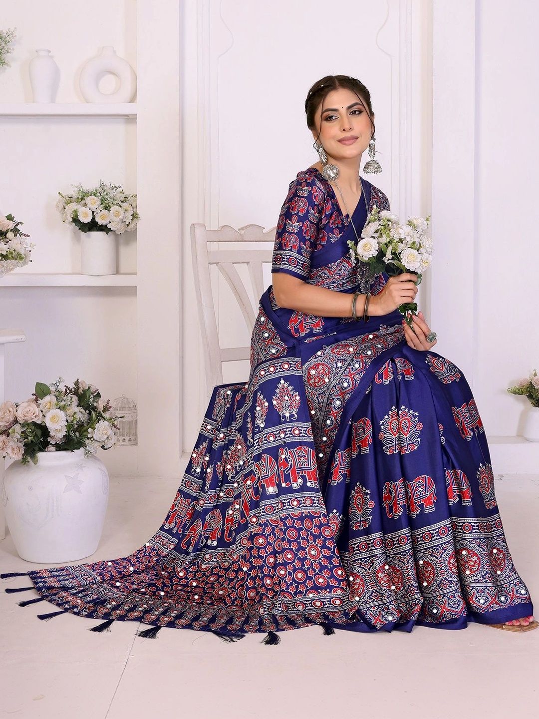 Lookmark Ethnic Motifs Mirror Work Satin Saree-picture-15