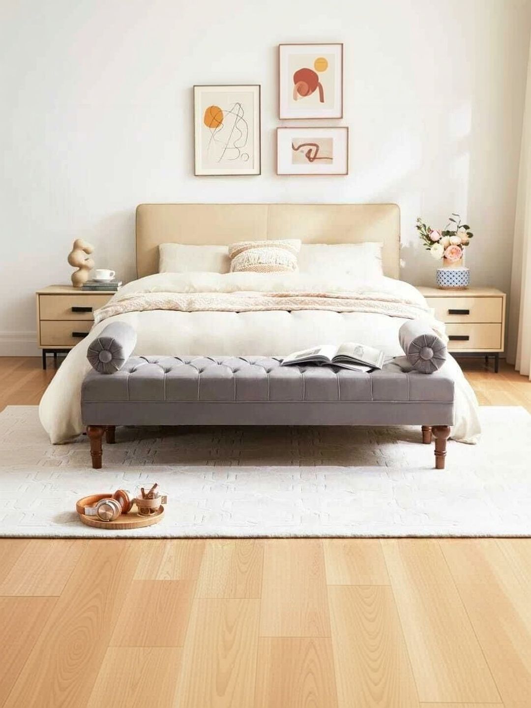 Soul craft Grey Wooden Velvet Ottoman-picture-46