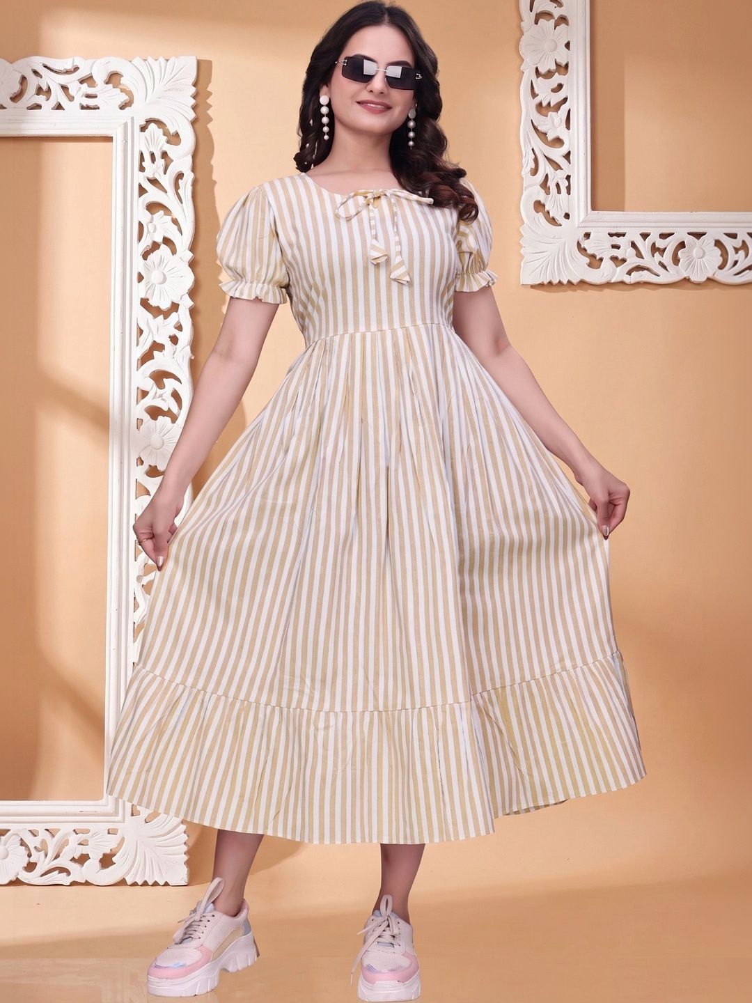 QENA Striped Tie-Up Neck Puff Sleeve Fit & Flare Dress-picture-42