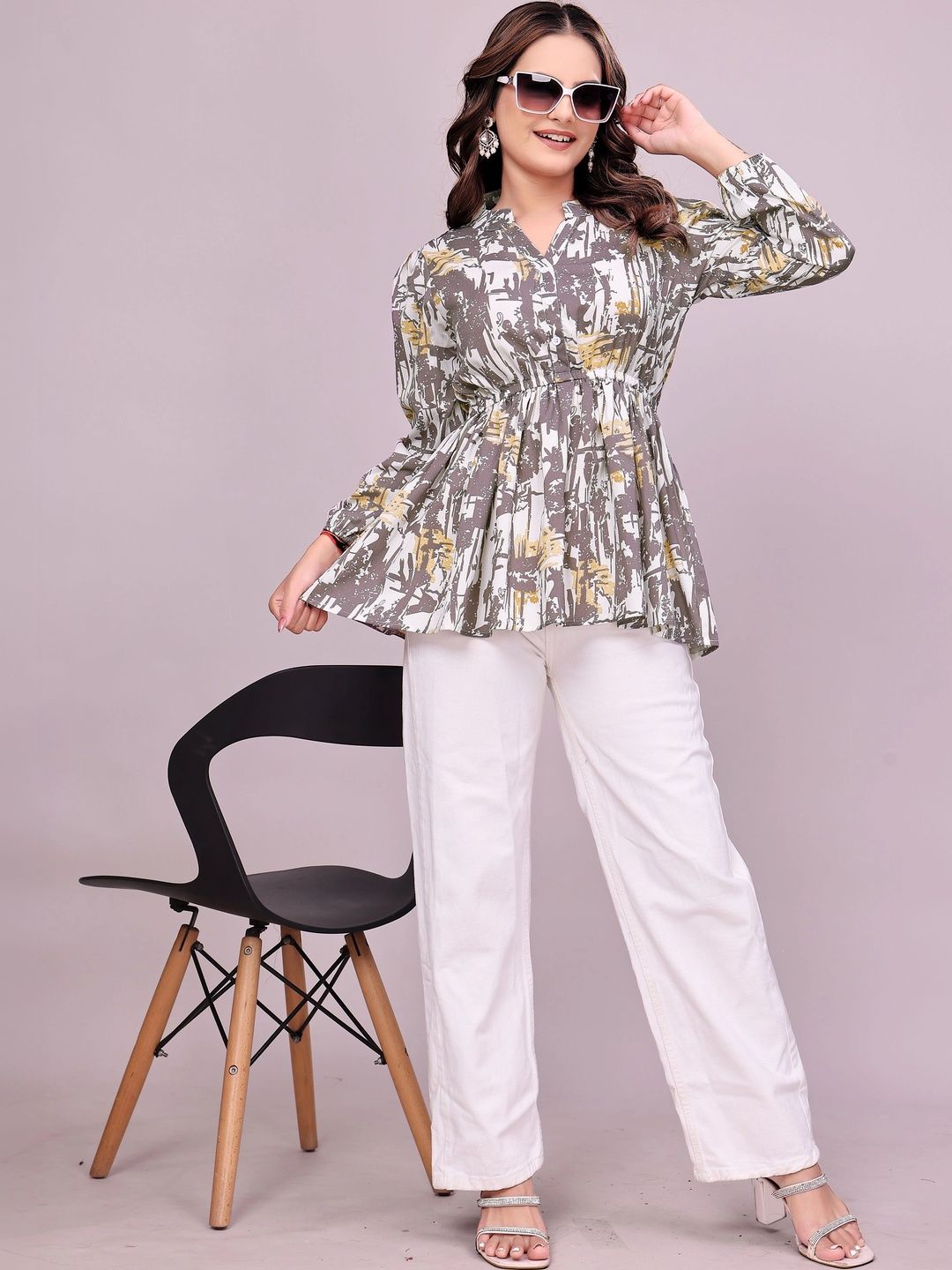 MANDIV FASHION Women Mandarin Collar Printed Tunic-picture-32