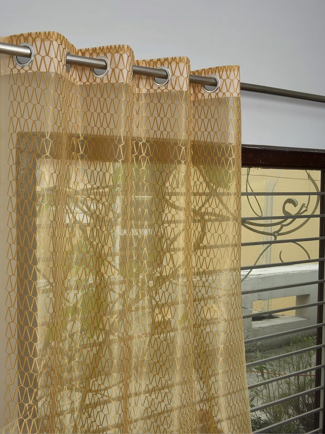 KFHDecor Gold-Toned Geometric Sheer Long Door Curtain-picture-55