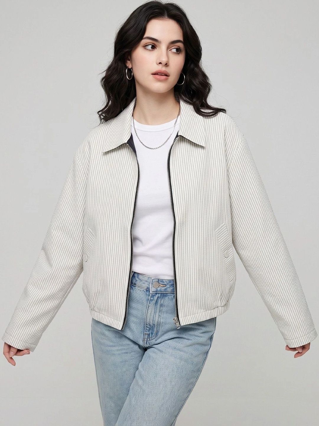 Suo Women Striped Lightweight Bomber Jacket-picture-36