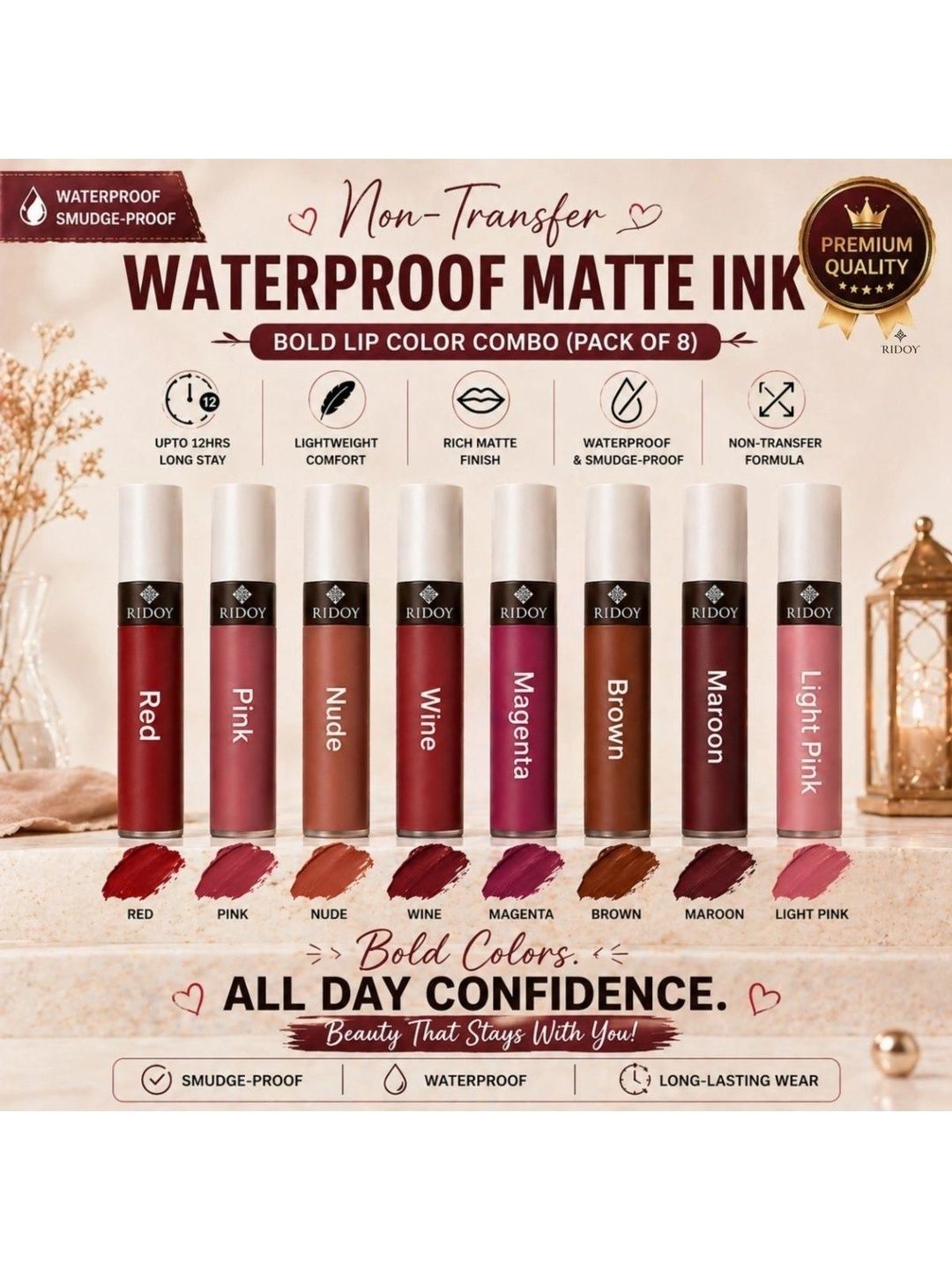 ridoy Set Of 8 Waterproof Liquid Matte Lipstick-3 ml Each - Light Pink-Maroon-Brown-Magent-image-16