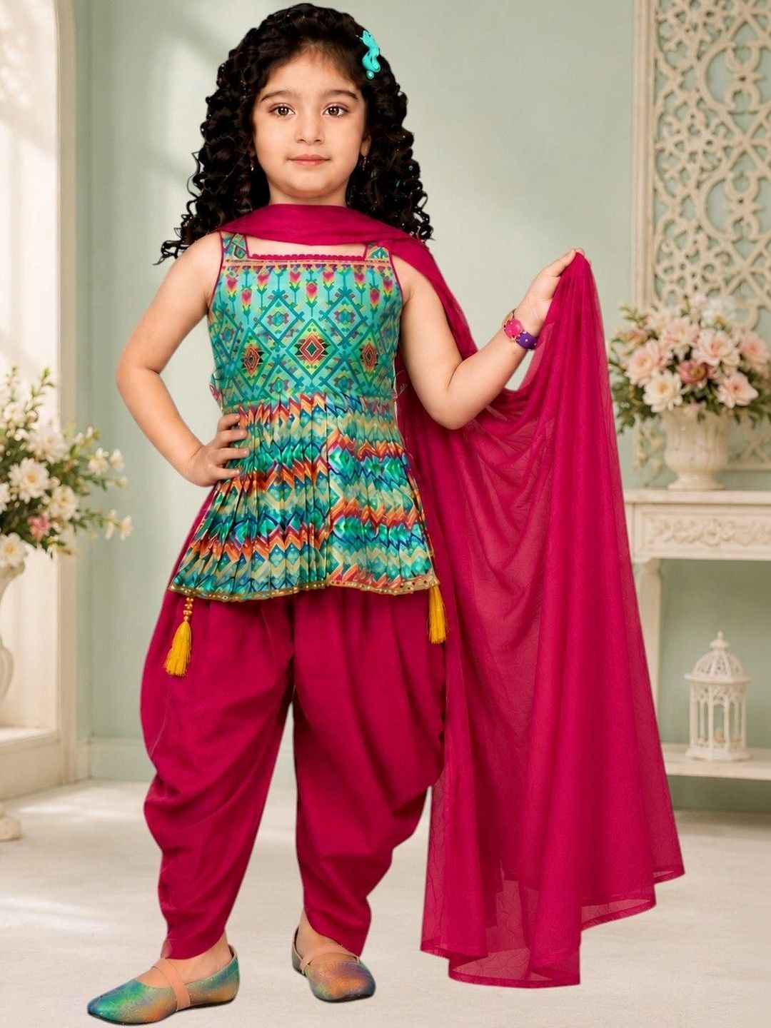 SUNCITY FASHION MART Girls Printed Pleated Kurti with Dhoti Pants & With Dupatta-picture-12