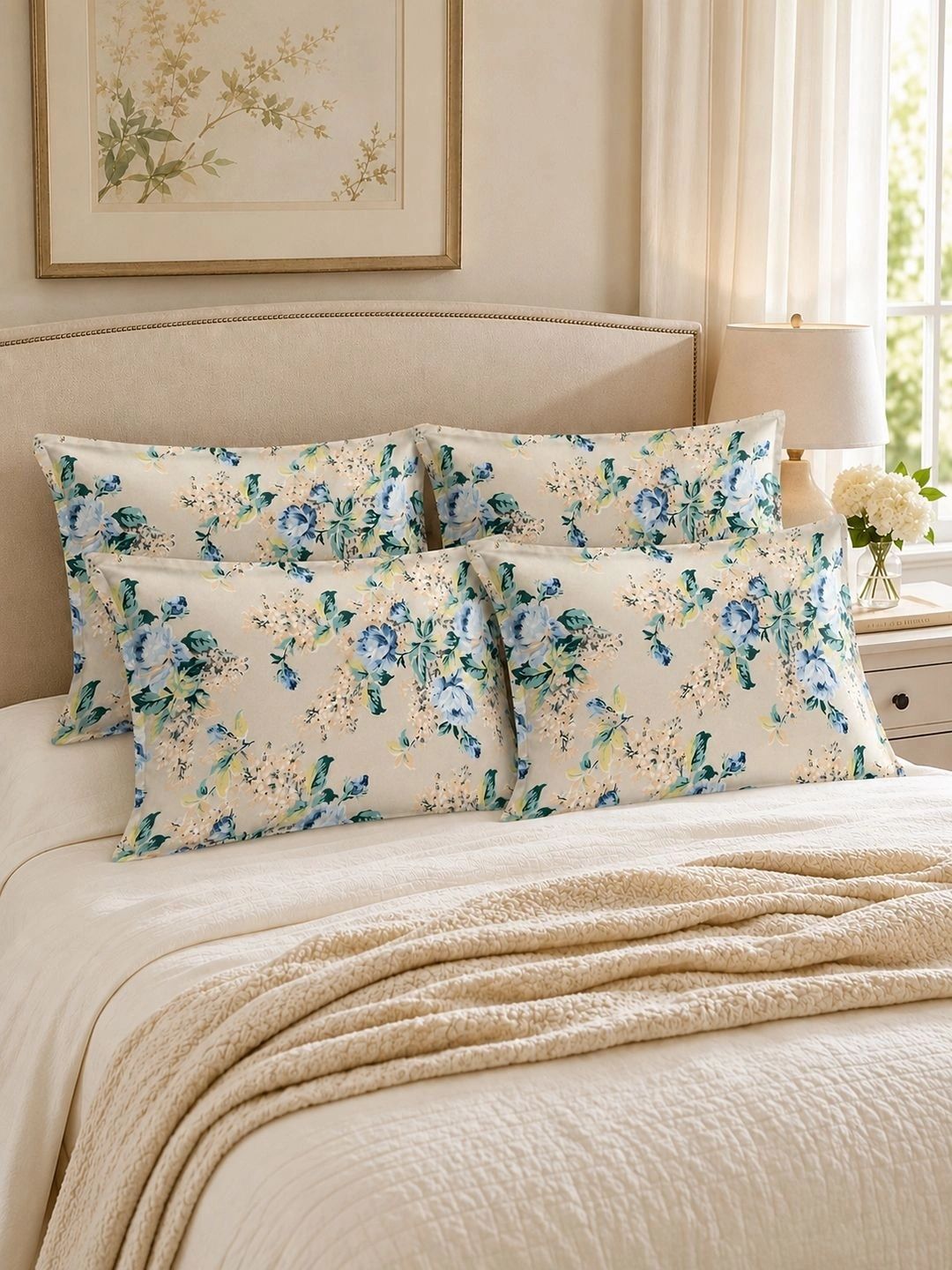Clasiko Beige 4 Pieces Floral Pure Cotton Blend Rectangle Pillow Covers-picture-4