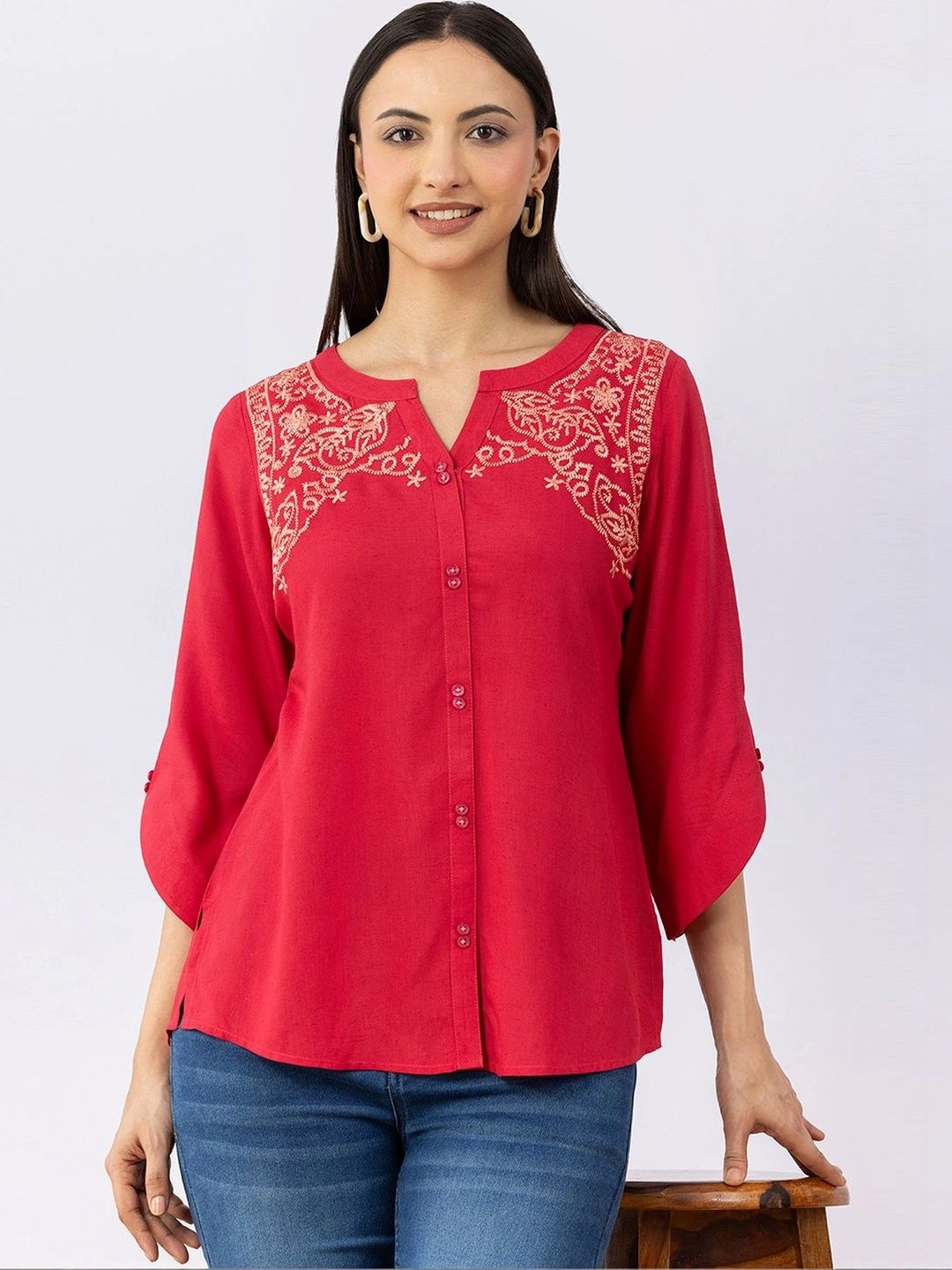 Mustard Embroidered Roll-Up Sleeves Ethnic Cotton Top-image-23
