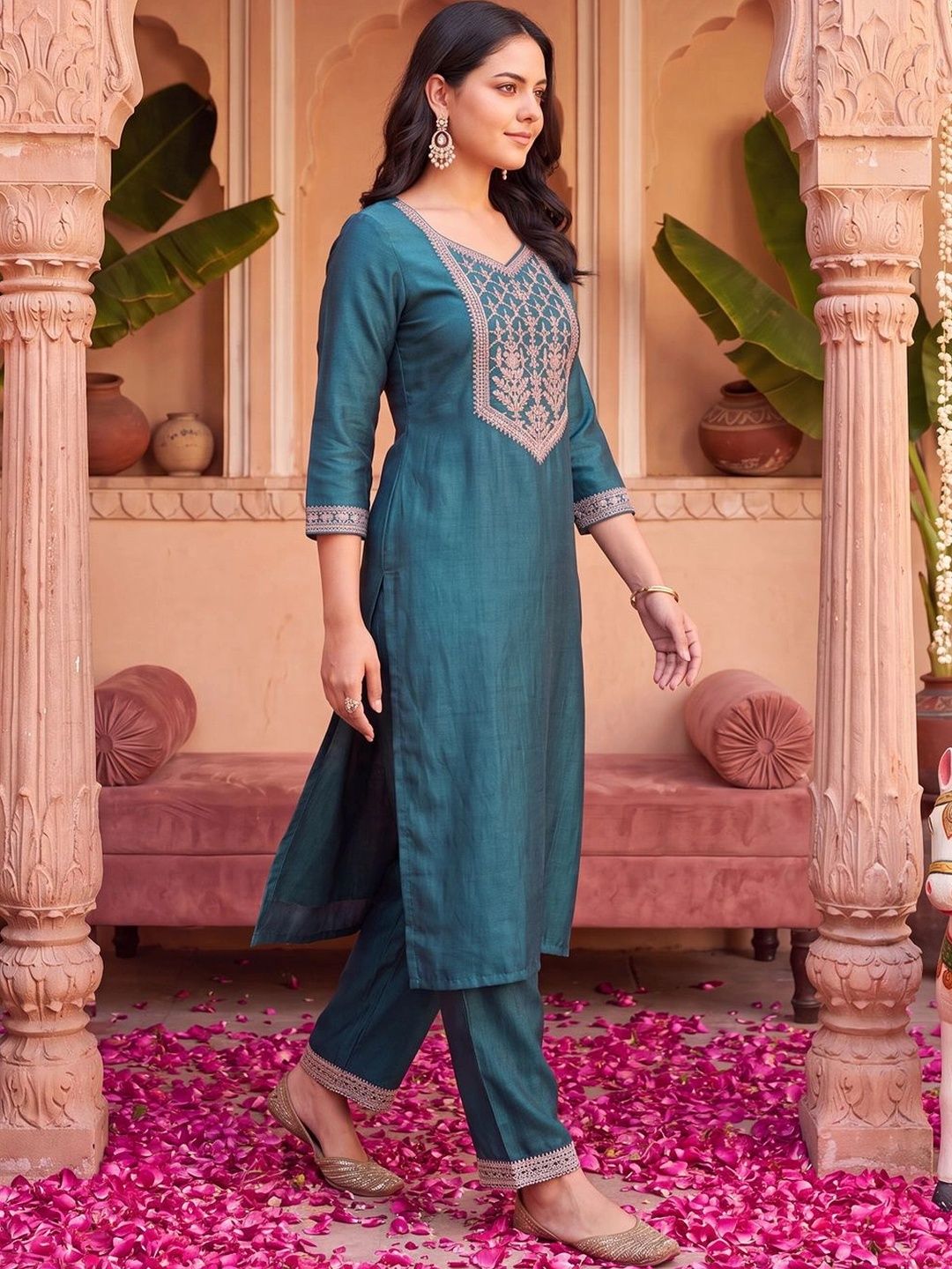 Indo Era Women Ethnic Motifs Embroidered Regular Thread Work Liva Kurta with Trousers-picture-27