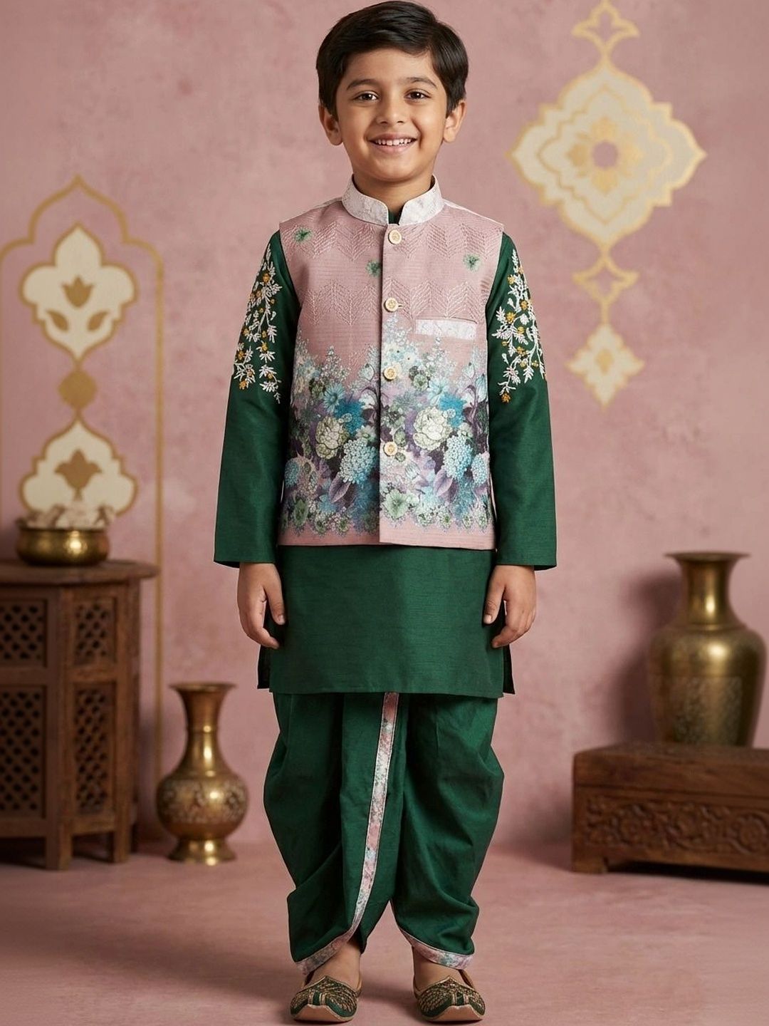 AHLAN APPARELS Boys Ethnic Motifs Regular Dupion Silk Kurta with Dhoti Pants-picture-41