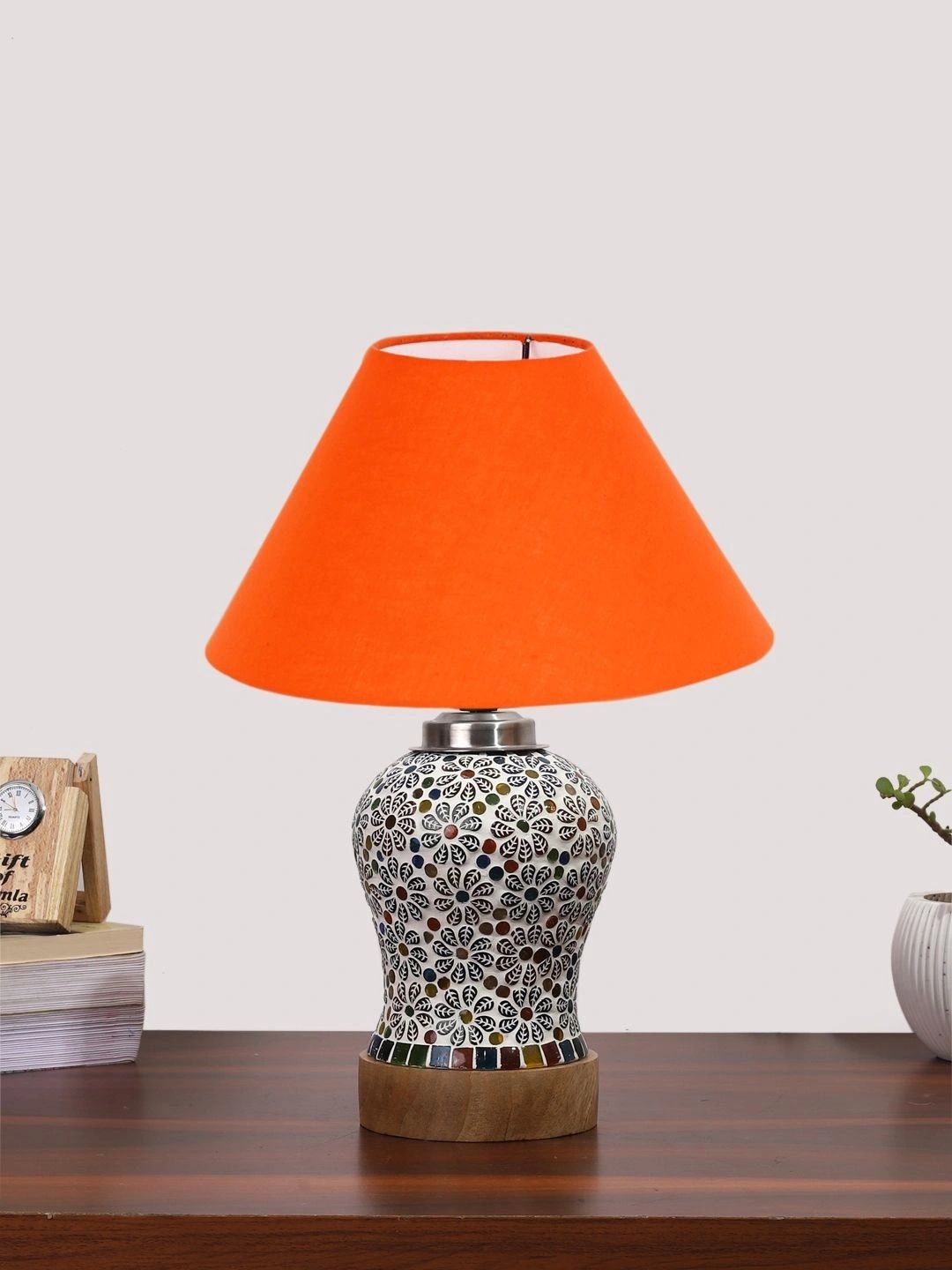 Myntra Elegant Homes Orange Textured Glass Traditional Frusturical Shaped Table Lamp-picture-17