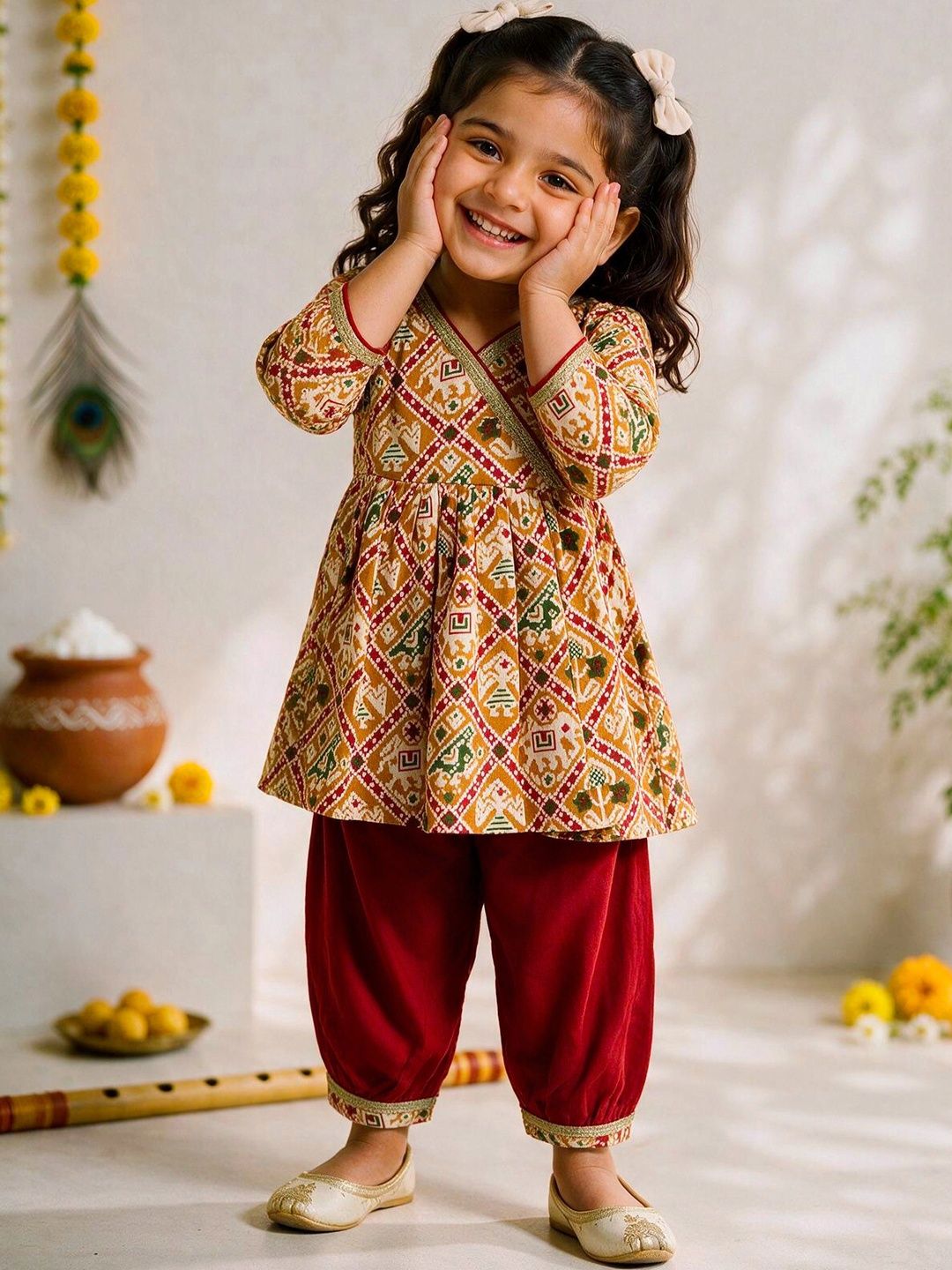 VASTRAMAY Girls Ethnic Motifs Printed Angrakha Pure Cotton Kurti with Patiala-picture-29