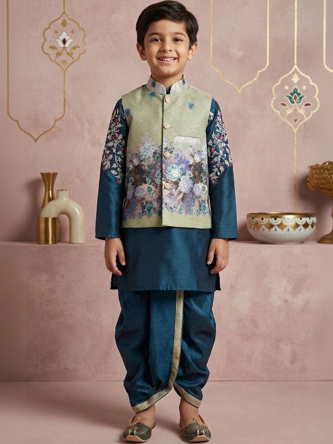 Cae Boys Floral Printed Regular Dupion Silk Kurta with Dhoti Pants-picture-27