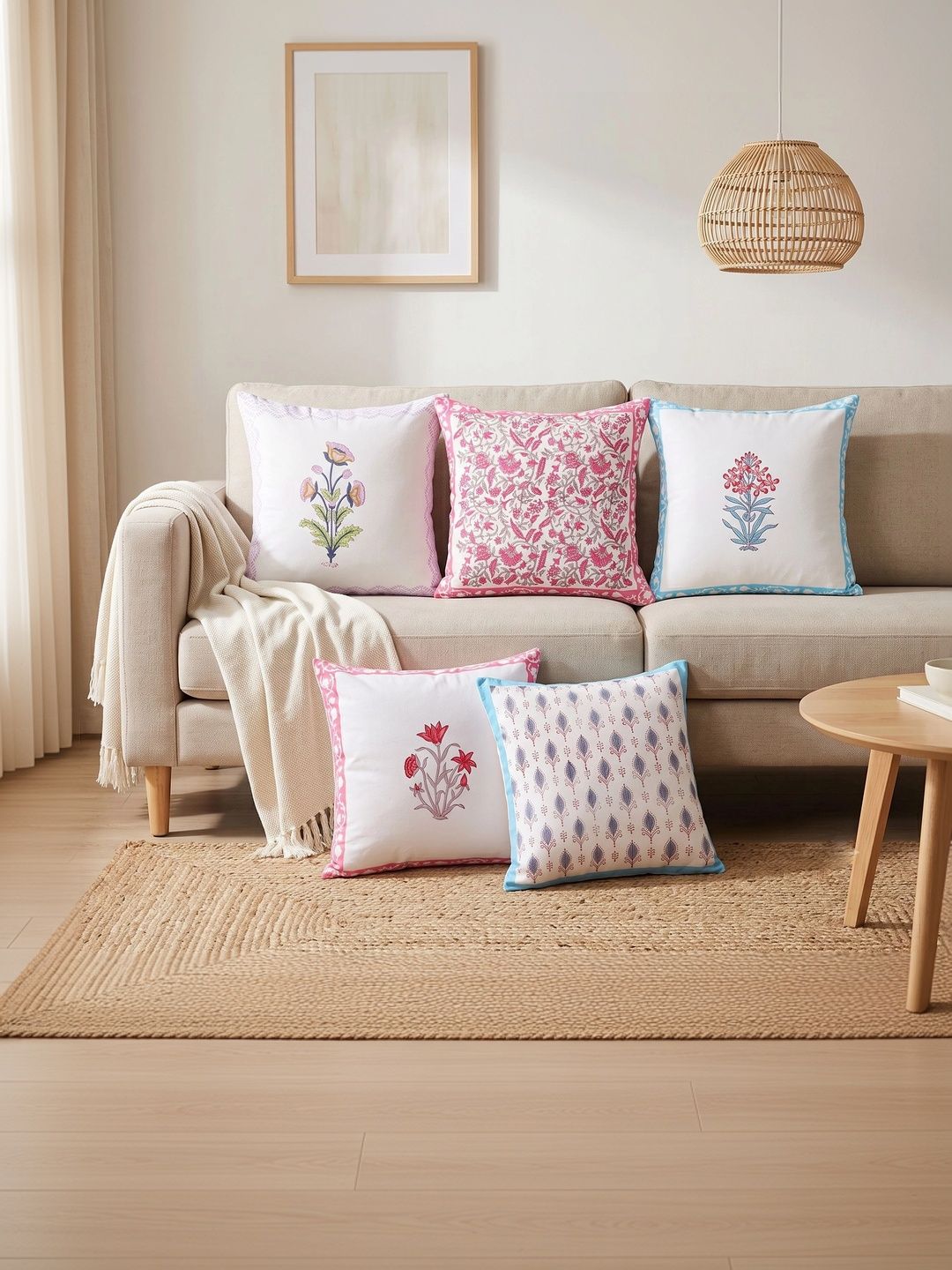 HANDICRAFT PALACE White & Pink Set of 5 Floral Square Cushion Covers-picture-12