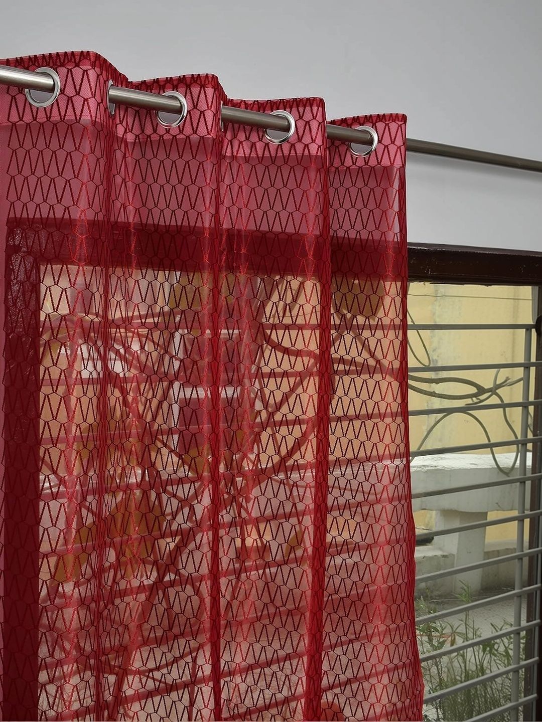 KFHDecor Maroon Geometric Sheer Long Door Curtain-image-44