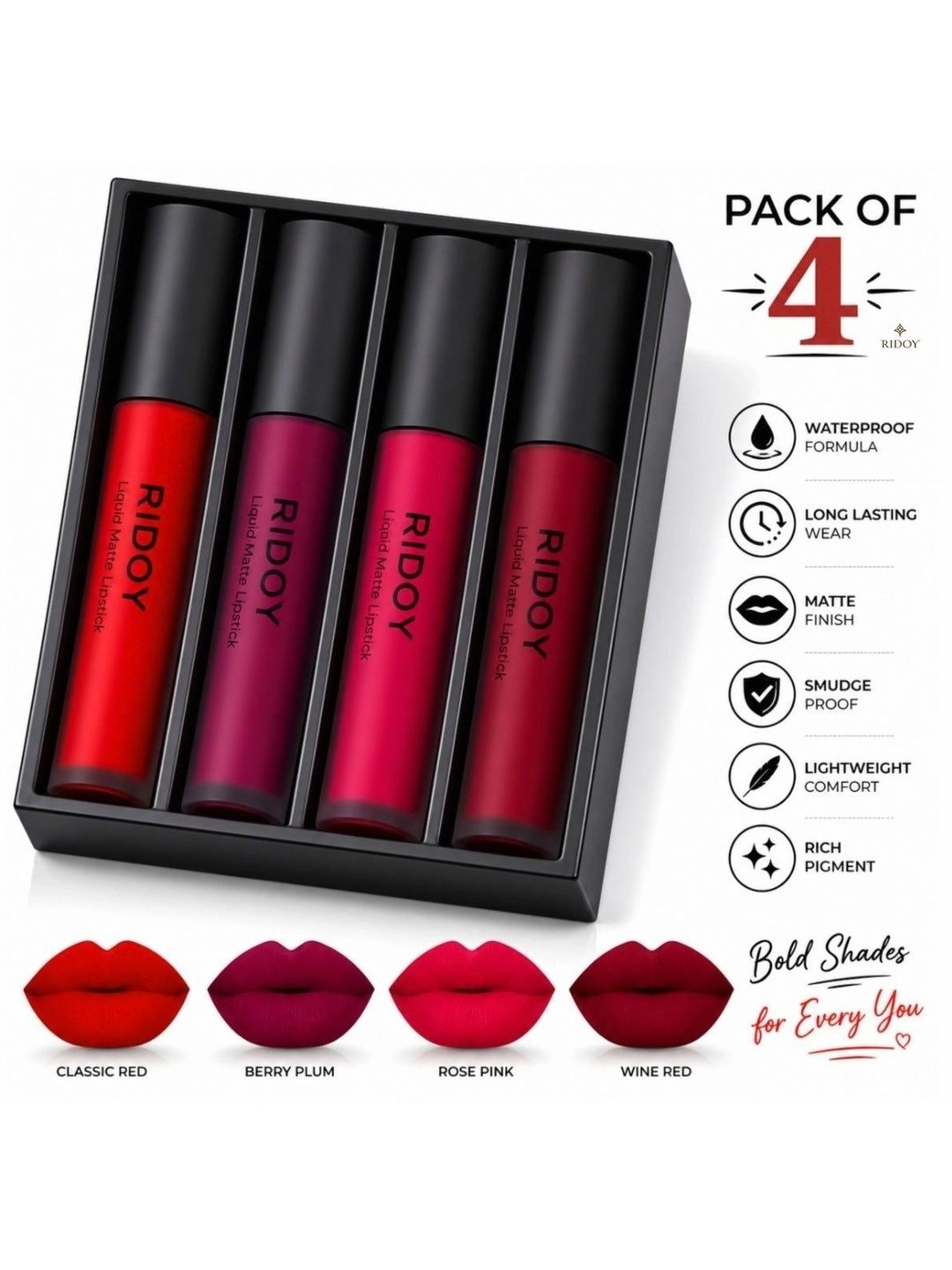 ridoy Set Of 4 Waterproof Liquid Matte Lipstick-3 ml Each - Classic Red-Berry Plum-picture-39