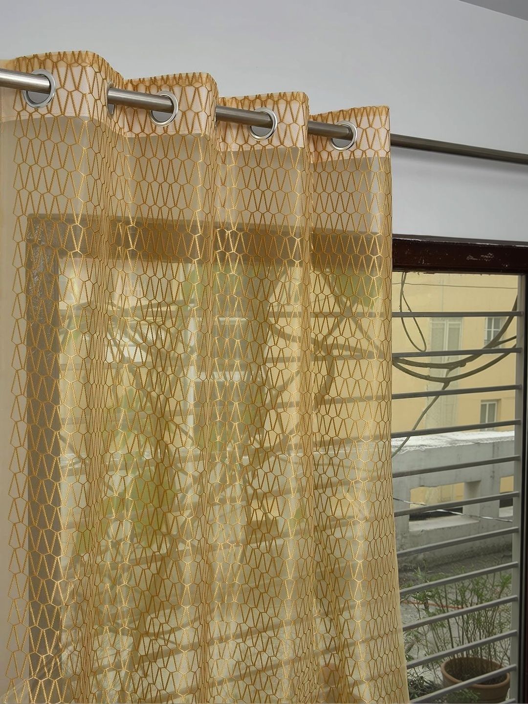 KFHDecor Gold-Toned Set of 2 Geometric Sheer Door Curtain-image-9