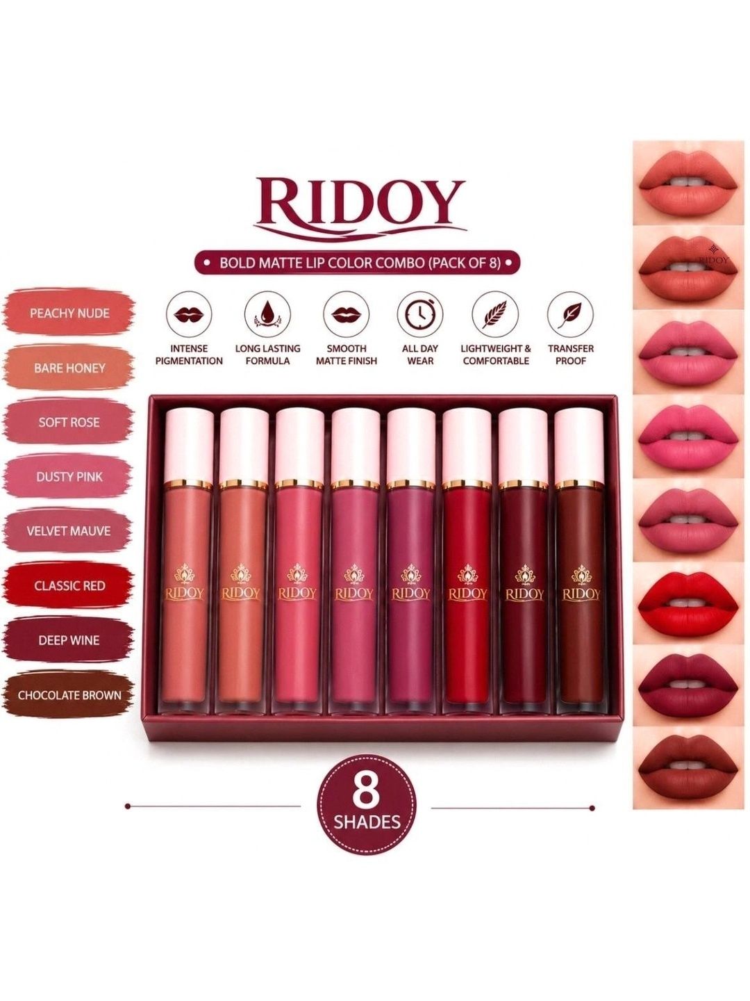ridoy Set Of 8 Waterproof Liquid Matte Lipstick-3 ml Each - Light Pink-Maroon-Brown-Magent-picture-56