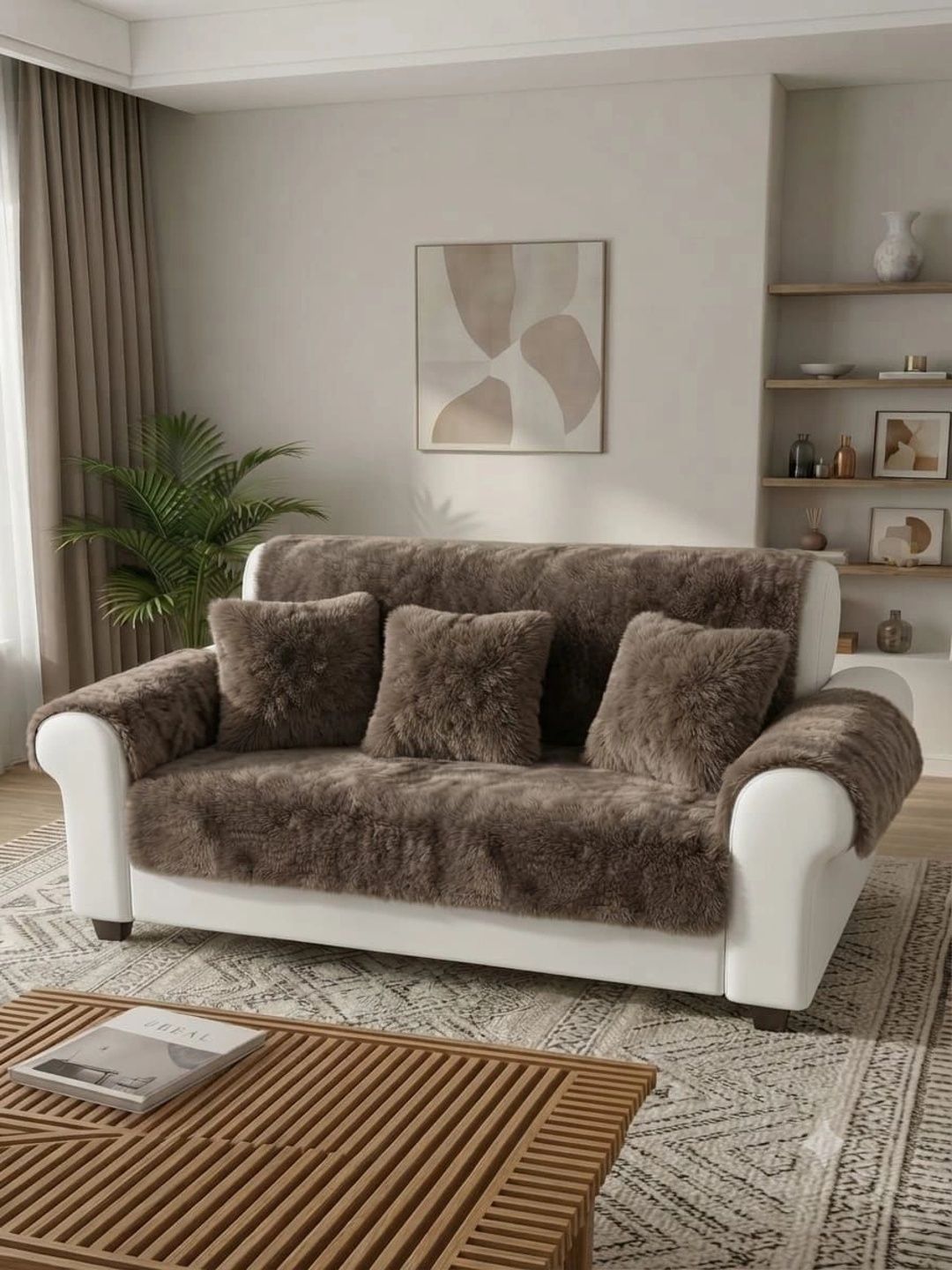 KANUM Coffee Brown Solid Viscose Rayon Blend Sofa Cover With Arms-picture-13