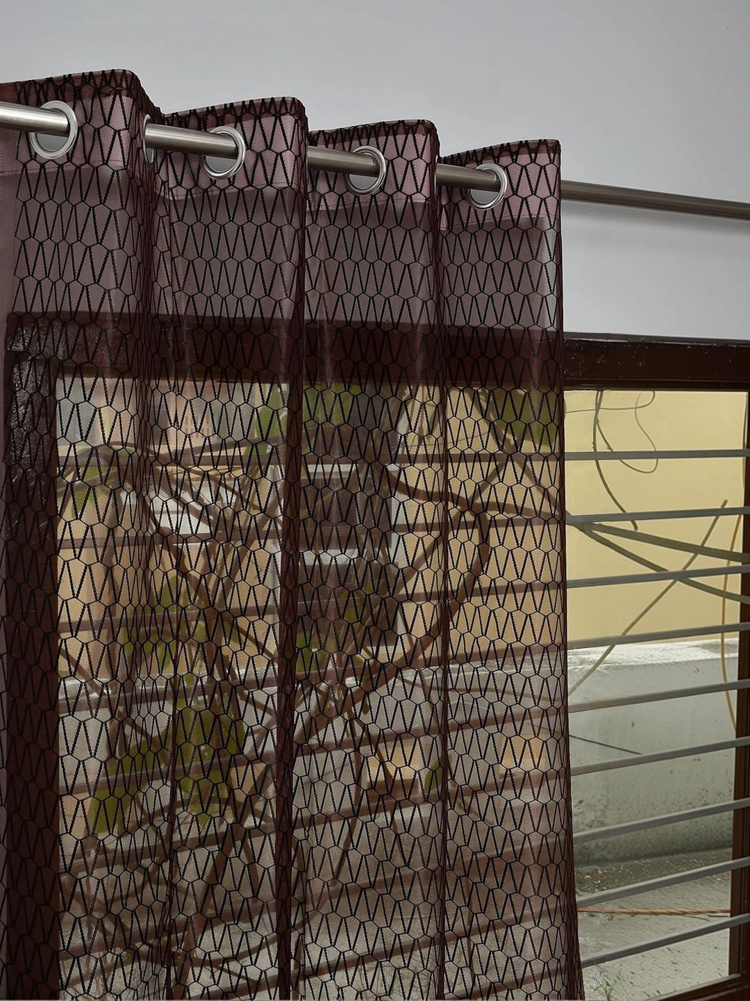 KFHDecor Brown Set of 2 Geometric Sheer Long Door Curtain-image-31