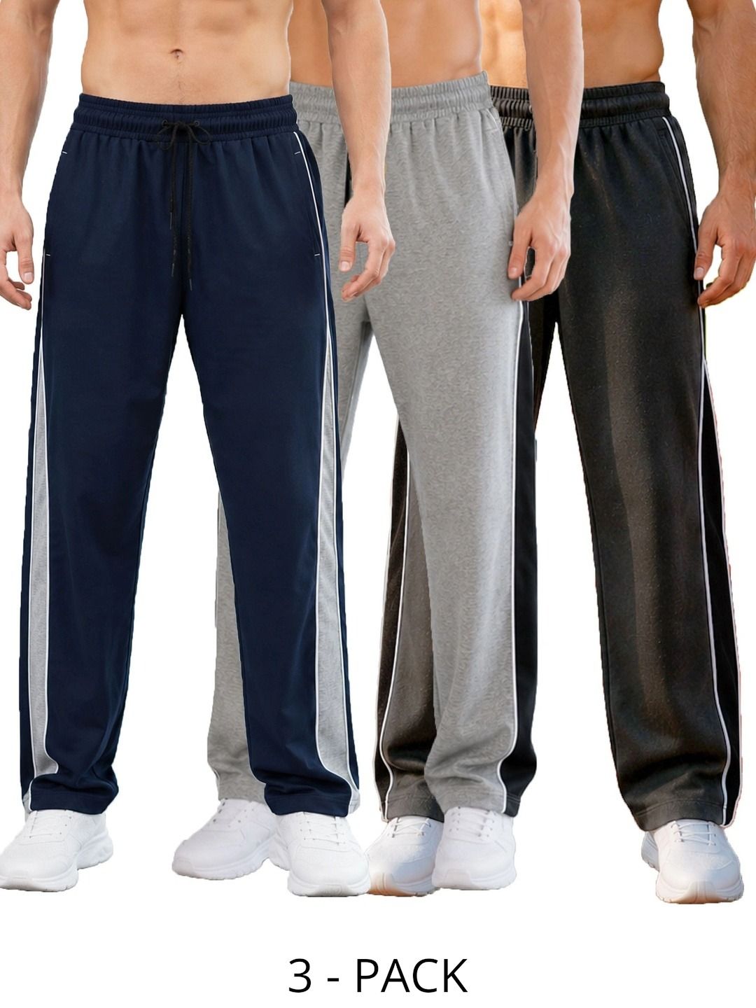 T.T. Men Pack Of 3 Colourblocked Mid-Rise Cotton Track Pants-picture-39
